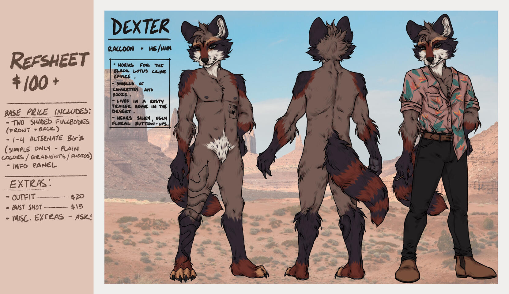 full refsheets are $100 (base price), but additions cost extra